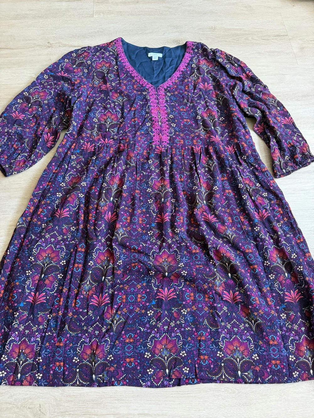 J. Jill East Village Dress M P Purple Floral Boho Embroidered Knee Length